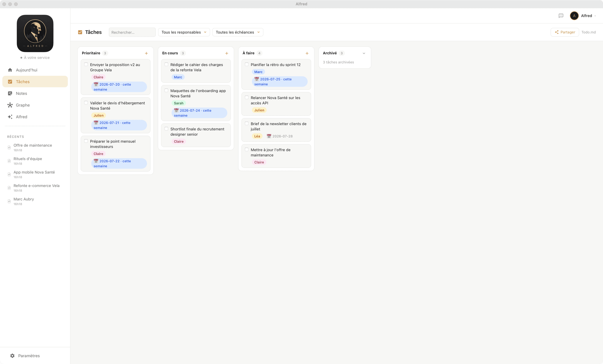 Kanban des tâches d'Alfred : Prioritaire, En cours, À faire